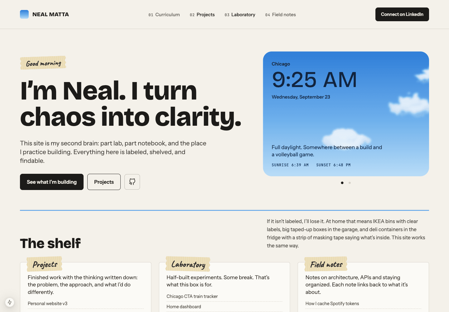 The home page: the hero sky, the shelf, and the live wires